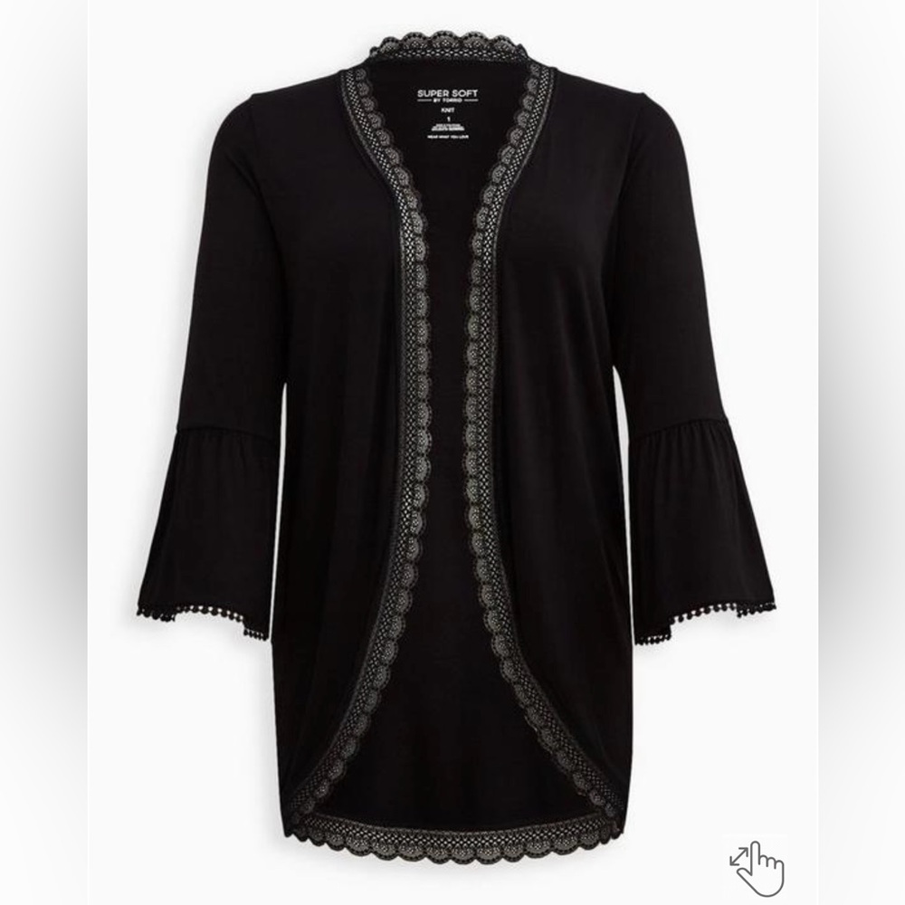 Torrid Black Super Soft Cardigan Lace Trim Ruffle Sleeve Size 3X (22/24)